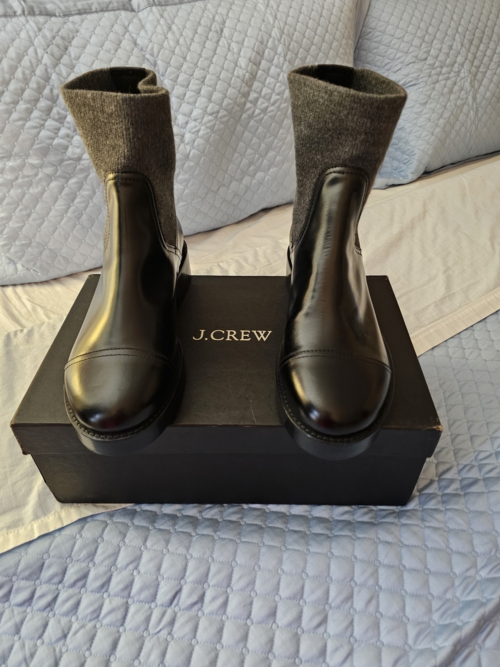 J.Crew Black Italian Leather Sock Ankle Boots with Gray Knit Cuff